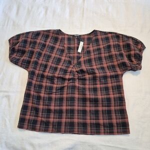 Madewell women's Medium black, brown gray plaid short sleeve V neck blouse NEW